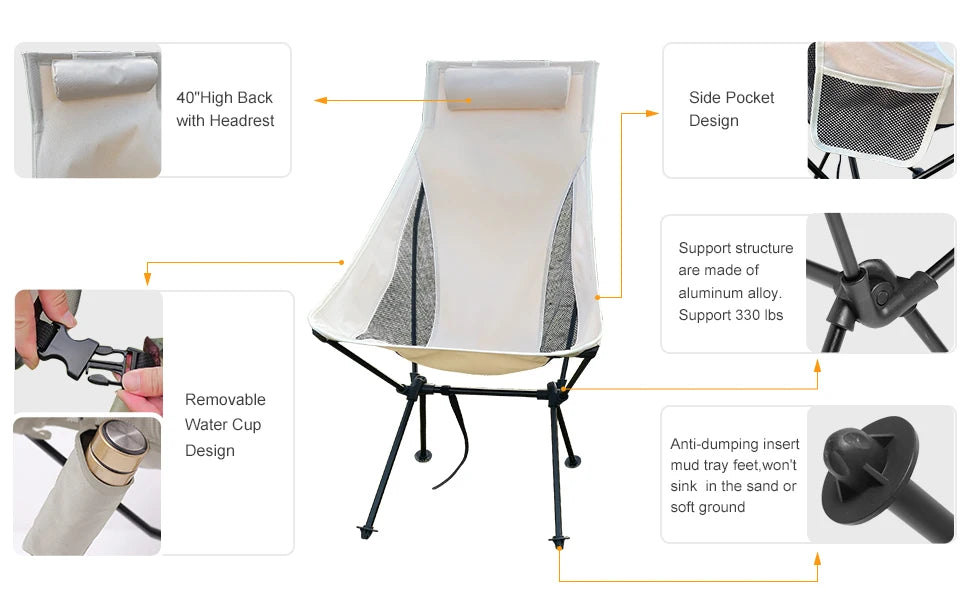 WESTTUNE Portable Folding Camping Chair with Headrest – Lightweight Aluminum Outdoor Chair